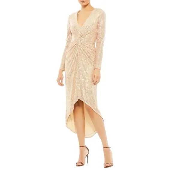 Ieena Mac Duggal Dress WMNS 16 Gold Sequin Knotted Long Sleeve Midi 26549 Plunge - Picture 11 of 11